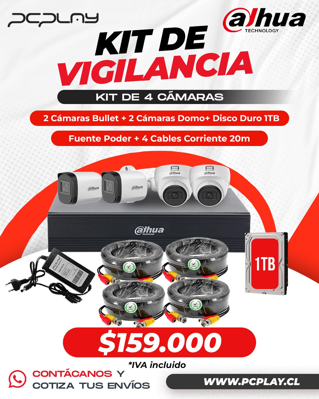 KIT DE 4 CAMARAS DAHUA CON XVR DE 4 CANALES + ACCESORIOS